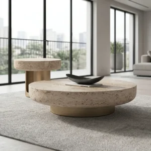 Runder Couchtisch aus Naturmarmor mit Edelstahlgestell – Set mit Beistelltisch