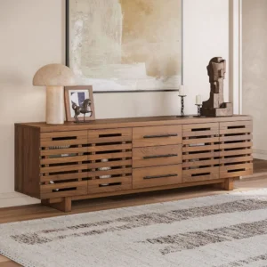 Mid-Century TV-Lowboard aus Holz in Nussbaum mit Lamellentüren